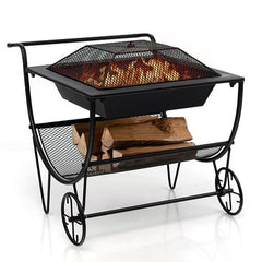 Portable Outdoor Wheeled Log Storage Rack and Wood Burning Fire Pit